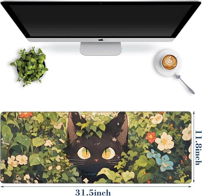 Large Mouse Pad Black Cat in Flower Garden Extended Gaming Mousepad Waterproof Desk Pad with Non-Slip Base and Stitched Edge Keyboard Pad 11.8 x 31.5 Inch Mouse Mat for Home Office Decor