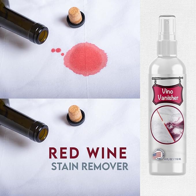 Vino Vanisher Wine Stain Remover – Instantly Lifts Red Wine Stains from Carpet, Clothing, Upholstery & More – Fast-Acting, Eco-Friendly Formula – Safe on Whites & Colors –4oz Spray Bottle