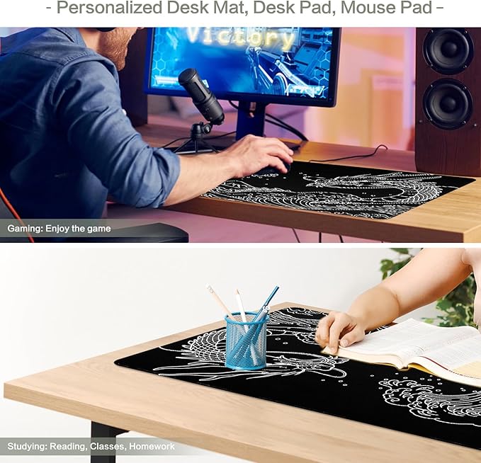 Dragon Mouse Pad Desk Mat Japanese Sea Wave Large Gaming Mouse Pad Anime Desk Pad Mousepad XXL Extended Keyboard Mat Black Mouse Mat, Waterproof, 31.5x15.7 in