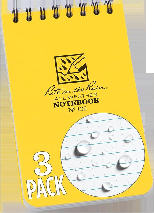 Rite in the Rain Weatherproof Top Spiral Notebook, 3" x 5", Yellow Cover, Universal Pattern, 3 Pack (No. 135-3)