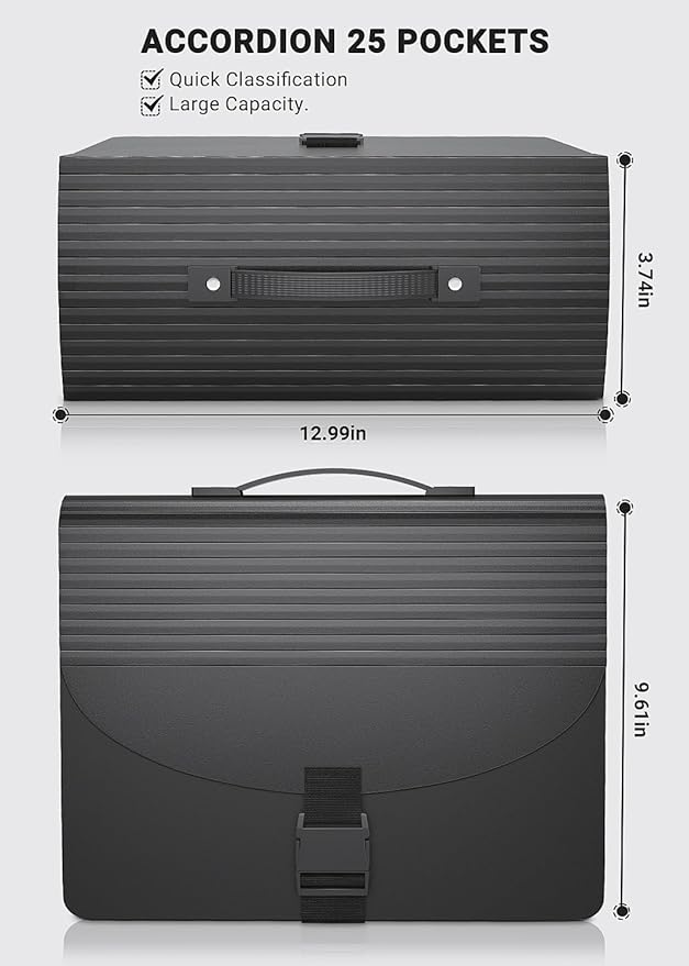 Expanding File Folders,Accordion File Organizer with Handle,25 Pockets Expandable File Folder Portable Filing Box,Adjustable Support Strap,Colored Tabs.Papers Bills Documents Organizer,A4/Letter Size