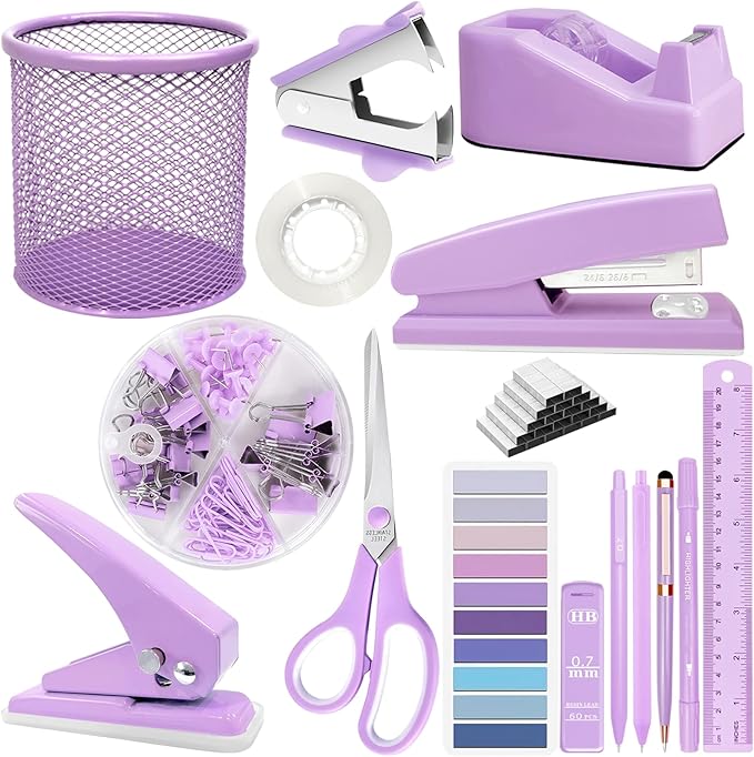 Purple Desk Accessories Set - 16 Pcs Purple Office Supplies with Stapler, Tape Dispenser, Pen Holder, Staple Remover, Hole Punch, Staples Aesthetics Desk Sets for Office, Home, School Women