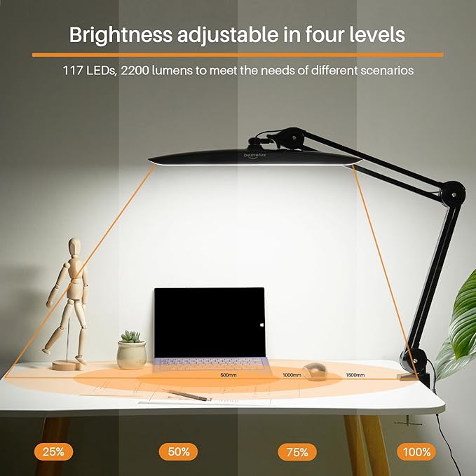 LED Desk Lamp with Clamp,Dimming Task Lamp for Reading Desktop Office Workbench Table Architect Sewing Study Home Craft,Bright 117PCS LEDs,2200 Lumens 20 Inch Metal Swivel Arm Work Lamp(Black)