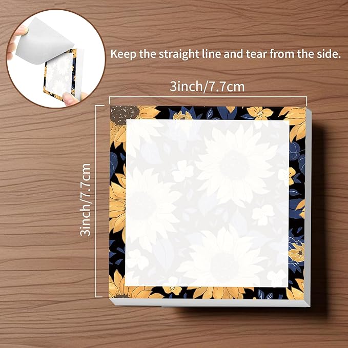 Sticky Notes, 2 Pads, 3x3 inches, Cute Colorful Fun Self-Stick Note Pads, Easy Post, Strong Adhesive Notepad Navy Yellow Sunflowers