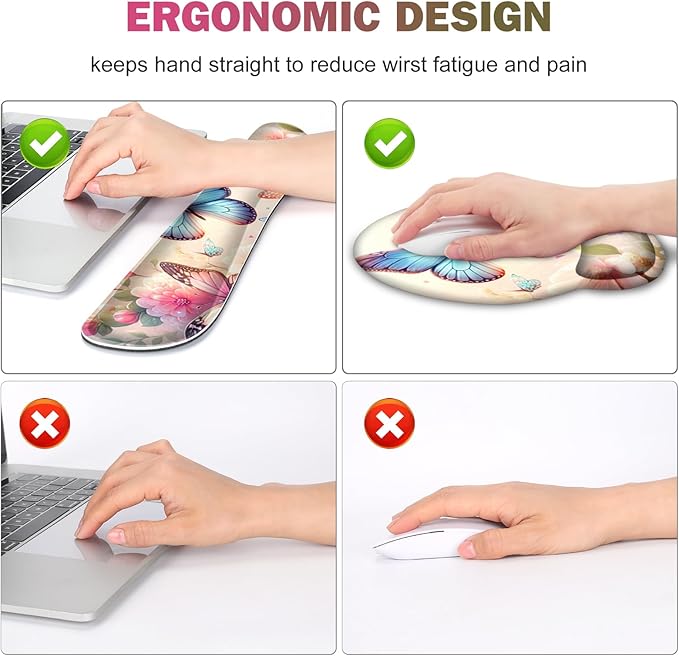 Gaming Mouse Pad, Large Desk Mat, Cute Desk Pad Protector, 4in1 XXL Mousepad + Keyboard Wrist Rest+Mouse Wrist Rest+Coaster Set with Ergonomic Desk Pad for Home Office PC Computer, Butterflies Flowers