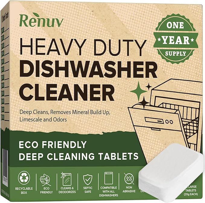 Renuv Dishwasher Cleaner + Garbage Disposal Cleaner - Heavy Duty Kitchen Appliance Deep Cleaning, Descaling and Deodorizing, (12 Tablets of each)