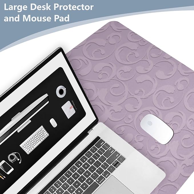 Mouse Pad Desk Mat Leather Desk Pad Large Gaming Desk Cover Protector Mat for Keyboard Computer Laptop Office Waterproof 47.2 x 23.6 Inch Floral Vintage Purple