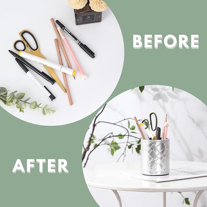 Pen Holder for Desk Cute, PU Leather Pen Stand for Cosmetics Office Organization, Makeup Brush Cup Silver Grid PH112