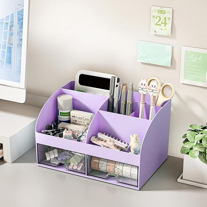 Desk Organizer with 6 Compartments and 2 Drawers, Plastic Makeup Organizer, Pen Holder for Desktop Storage, Desk Organization for School, Home, Office Supplies (Purple)