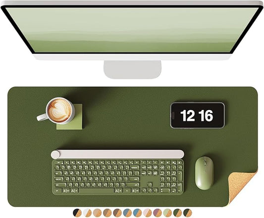 YSAGi Double-Sided Desk Mat, Eco Cork Desk Protector, Large Mouse Pad, Waterproof Blotter, Writing Pad for Office/Home (23.6"x13.7", Olive Green + Cork)
