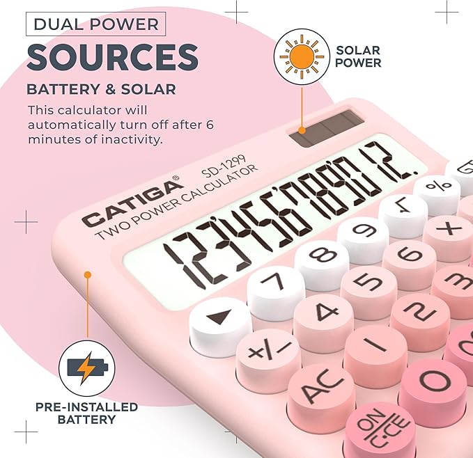 CATIGA Mechanical Switch Calculator with Solar and Battery Dual Power, 12-Digit Large LCD Display, Aesthetic and Cute Desktop Calculator with Big Button, for Home, School and Office Use, SD-1299