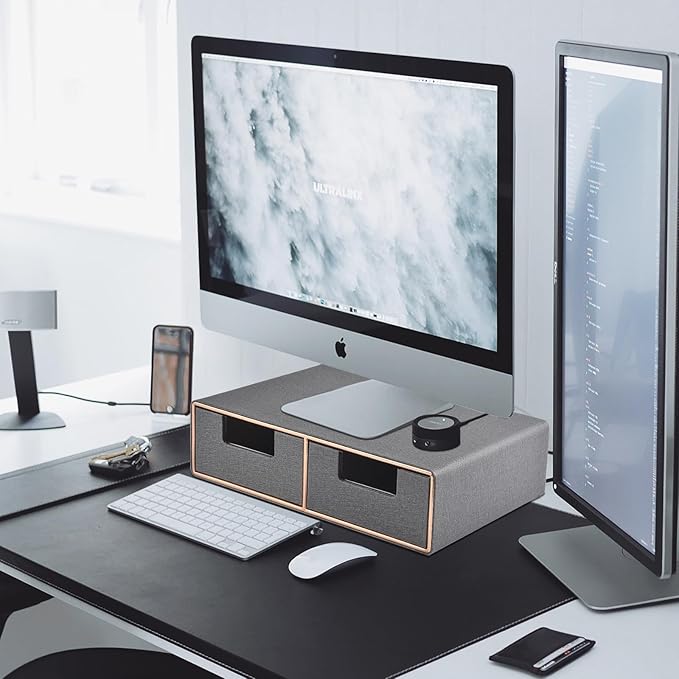 Linen Leather Desk Organizer with Drawers－Mini Desktop Drawer Organizer Stackable－Multifunctional Tabletop Organization Storage Box for Office Supplies Home Vanity Toiletries (Grey, 2-drawers)