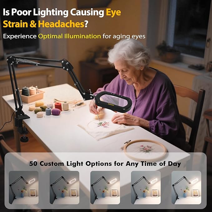 Magnifying Glass with Light Square Magnifier Desk Lamp 10X Close Up Work for Desktop Bench Crafting, Reading, Sewing, Ultra Long Swing Arm 3-Section, 5 Color Modes Design Rectangle Head Controller