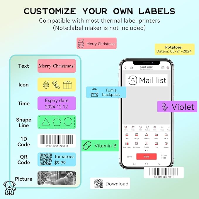 EEBBL D30 P21 Label Maker Tape Refill 12mm×40mm(0.47"x1.57") Sticker, Laminated Thermal Label Tape Replacement, 1650 Labels/10Rolls, High Definition Labeling Tape for Home Office School Hotel
