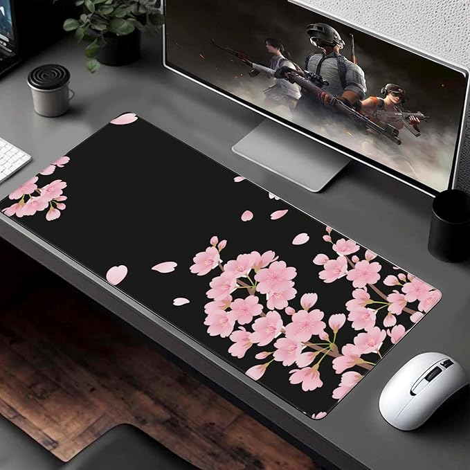 Desk Pad, Pink Cherry Blossoms Extended Large Gaming Mouse Pad for Desk XXL, Large Desk Mat for Desktop with Non-Slip Rubber Base Stitched Edges for Computer Keyboard Home Office 35.4"X15.7"