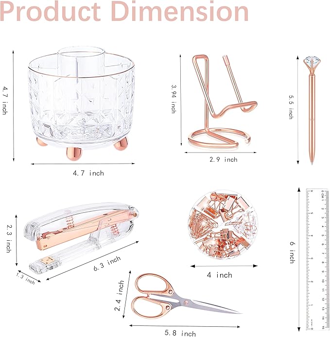 Rose Gold Desk Accessories, Office Supplies Desk Organizers 360°Pen Holder Acrylic Stapler Set, Phone Holder, Ballpoint Pen, Scissor, Binder Clips, Ruler, Transparent Glue, Sticky Note and Staples.