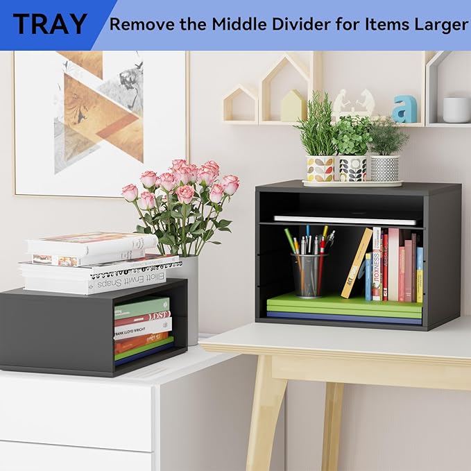 Wood Desktop Letter Tray File Organizer, Paper Storage Mail Sorter with 3 Adjustable Drawer Boards for Home and Office, Black