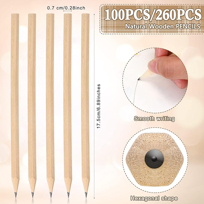 Fumete 260 Pieces Wooden Pencils Bulk No Eraser Hexagonal HB Graphite Unsharpened Natural Wood Pencils Without Erasers Christmas Classroom Gifts for Students Bulk Christmas Goodie Bag Stuffers