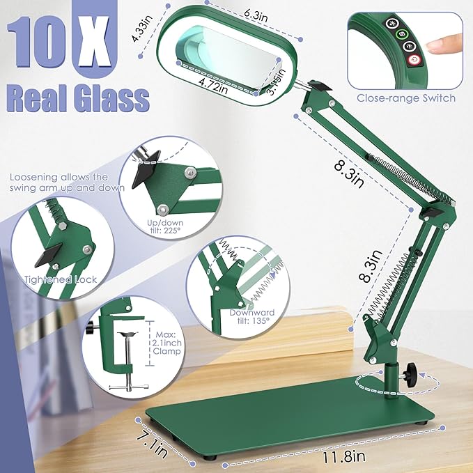10X Square Magnifying Glass with Light and Stand, Real Glass LED Lighted Magnifier, 5 Color Modes Stepless Dimmable, Hands-Free Mag Desk Lamp with Clamp for Reading Craft Hobby Close Work - Green