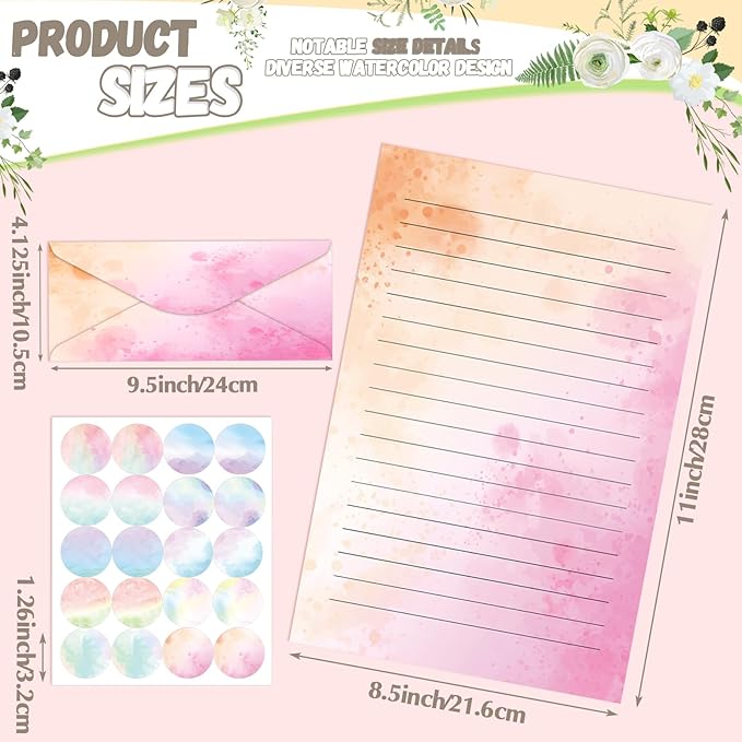 TaoBary 160 Pcs Stationery Paper Set 50 Double Sided Stationery Papers with 50 Matching Envelopes and 60 Round Dot Sticker, 10 Design(Watercolor,8.5 x 11 Inch)