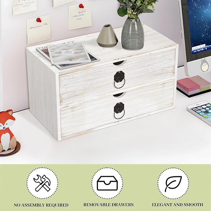 Wood Desk Organizer, White Wooden Desktop Organizer with Drawer, Tabletop Storage Organization Box for Countertop, Home Office Supplies, Bills (2 Drawer)