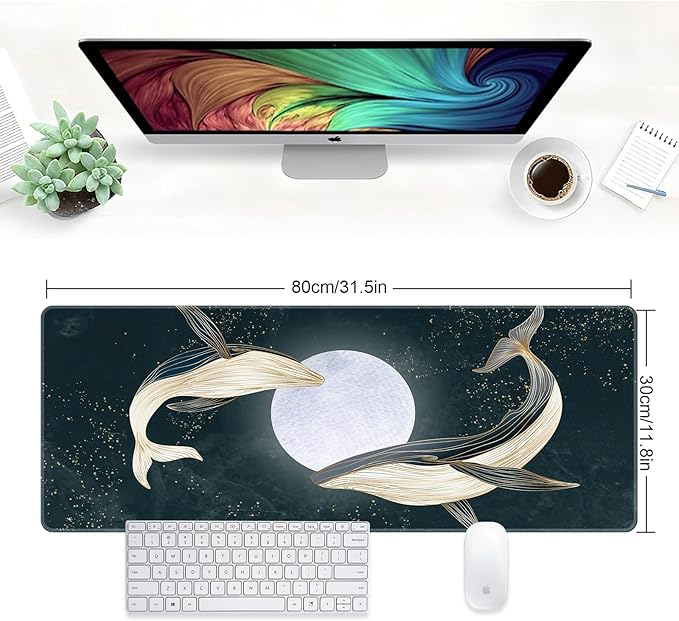 Large Desk Mat, Desk Matt for Desktop, Computer Gaming Mouse Pads, Anti-Slip Rubber Base, Stitched Edges Soft Mat for Desktop Office Home 31.5 x 11.8 Inches (Dreamy Whale)