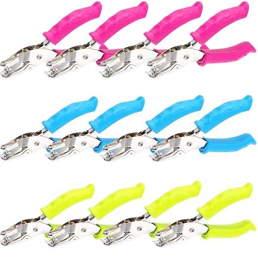 12 Pcs Single Hole Punch, 1/4" Handheld Hole Puncher with Soft Grip Handle, Small Single Circle Hole Paper Punch Shapes for Crafts Greeting Cards Scrapbook Notebook Tags Tickets (3 Colors)