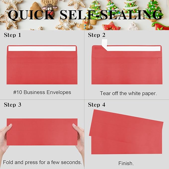 50 Pack Red #10 Business Envelopes, Standard Envelopes Self Seal, 4 1/8 x 9 1/2 Inch Letter Size Business Mailing Envelopes for Checks Invoices Statements Baby Shower Christmas Wedding Birthday