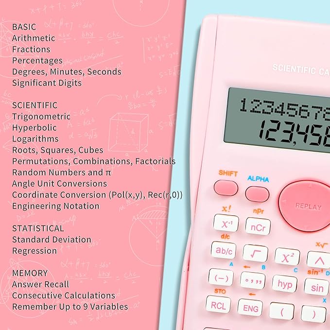 Pink Scientific Calculator, Cute 2-Line Math Calculator for Students, Algebra Geometry Calculator for Middle School, High School & College Supplies