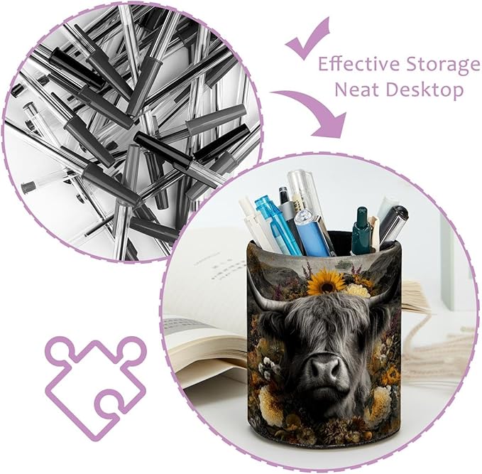 Watercolor Sunflower Yak PVC Leather Circular Pencil Holder for Desk Organizer Stationery Holder for Office, School(3.9 x 3.1 Inches)