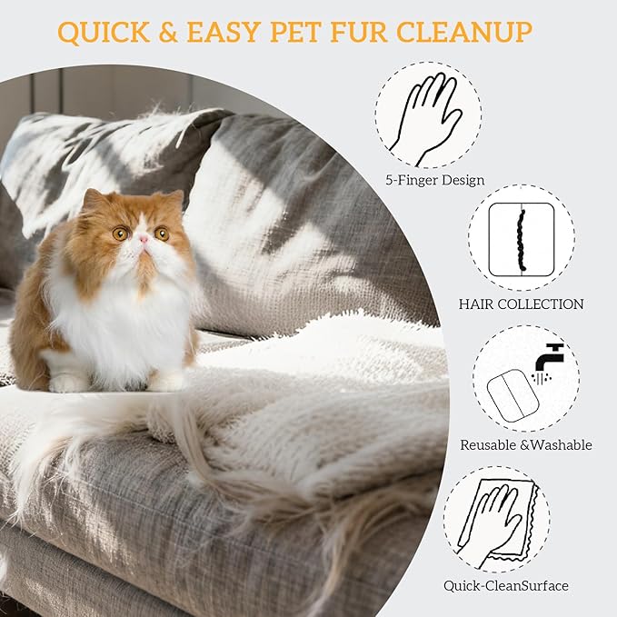 Rmnhd Pet Hair Remover Gloves 2 Pack, Reusable Dog & Cat Hair Removal Gloves for Couch, Sofa, Carpet & Car Seat, Washable Static Pet Hair Cleaner for Furniture