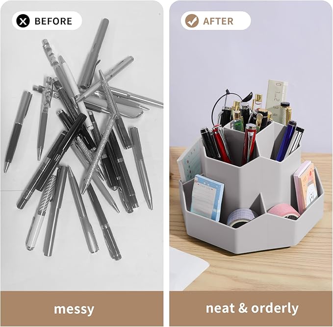 INSTOME Desktop Organizer with Pencil Holders,360°Rotating Pen Holder for Desk Organizer,9 Compartments and Makeup Brush Holders,Multifunctional Office Supplies for Home,Teachers and School (Gray)