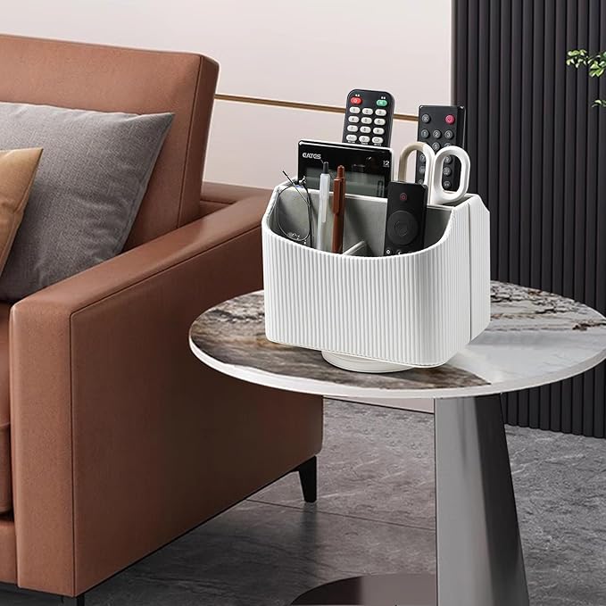 PU Leather Remote Control Holder, 360 Degree Rotating Desk Organizer Storage Table Remote Caddy, Spinning Bedside Organizer Nightstand Organizer for Desktop Office Home (White)