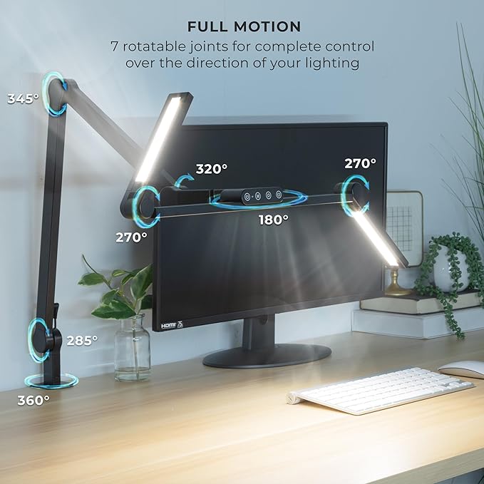Mount-It! LED Desk Lamp with Adjustable Swing Arms and Clamp Base, Touch Control, Stepless Dimming, and 5 Color Temperatures, Eye-Caring Lighting for Work, Study, and Crafting