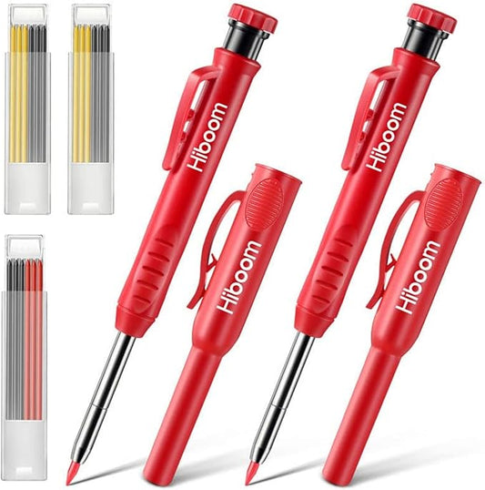 Hiboom 2 Pack Solid Carpenter Pencils with Pencil Cap and 18 Refills, Long Nose Deep Hole Mechanical Pencil Marker, Scribe Tool with Built-in Sharpener for Construction Woodworking Architect (Red)