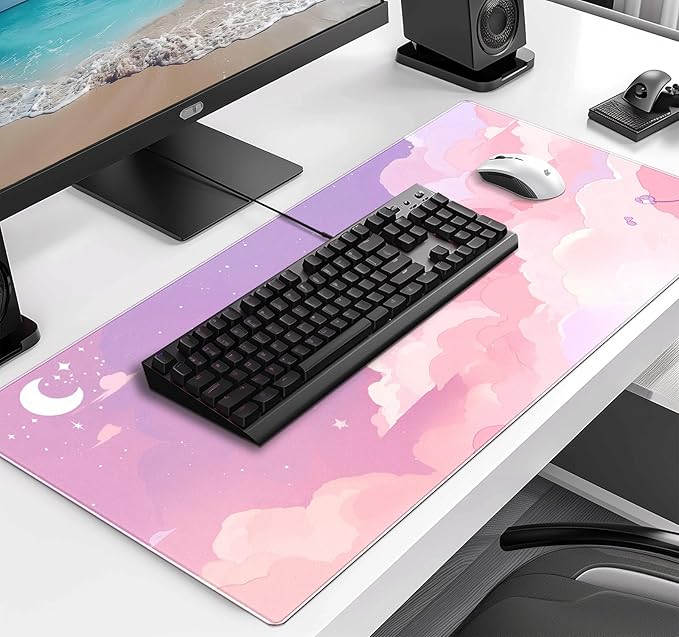 Cute Anime Cloud Desk Mat, Beautiful Pink Stitching Edge Non Slip Rubber Mouse Pad, Suitable for Female and Girl Office Decoration 35.4 x 15.7 x 0.12 Inches