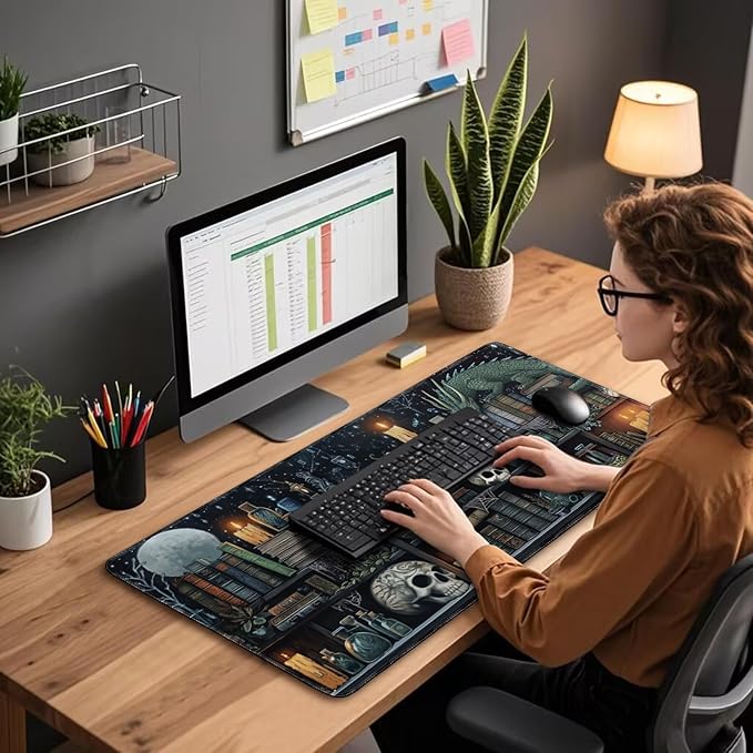 Mystical Gothic Library Large Gaming Mouse Pad 31.5"x15.7"｜ Vintage Book-Themed XXL Desk Mat, Non-Slip Rubber Base & Stitched Edges - Extended Mousepad for PC/Laptop/Office/Home Decor