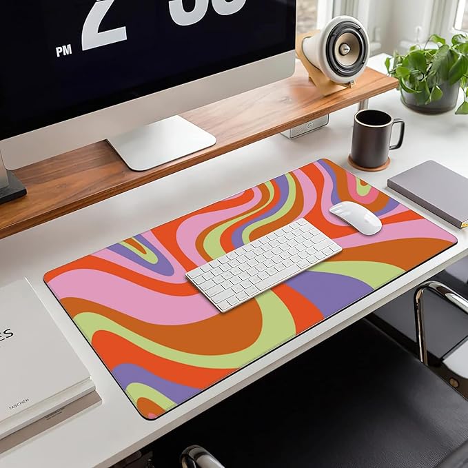 Large Gaming Mouse Pad for Desk, Retro Hippie Colorful Wave Patterns Desk Mat for Desktop, Non-Slip Rubber Base Stitched Edges Long Computer Keyboard Mouse Mat Desk Pad for Home Office 35.4"X15.7"