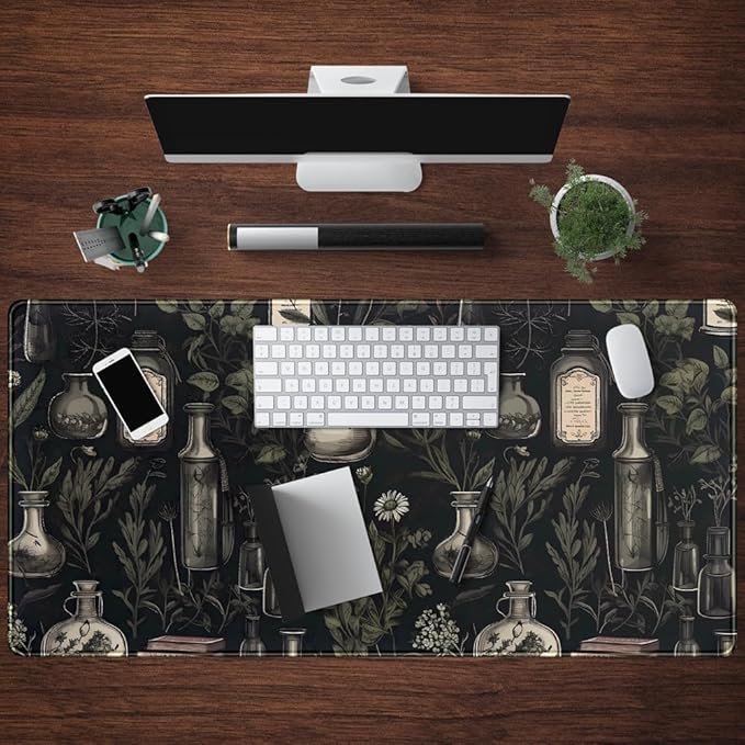 Black Aesthetic Desk Mat - Vintage Large Gaming Flower Mouse Pad XXL Plant Wildflower Mousepad Extended Laptop Computer Keyboard Mat for Women Girl Office Decor 31.5x15.8 in