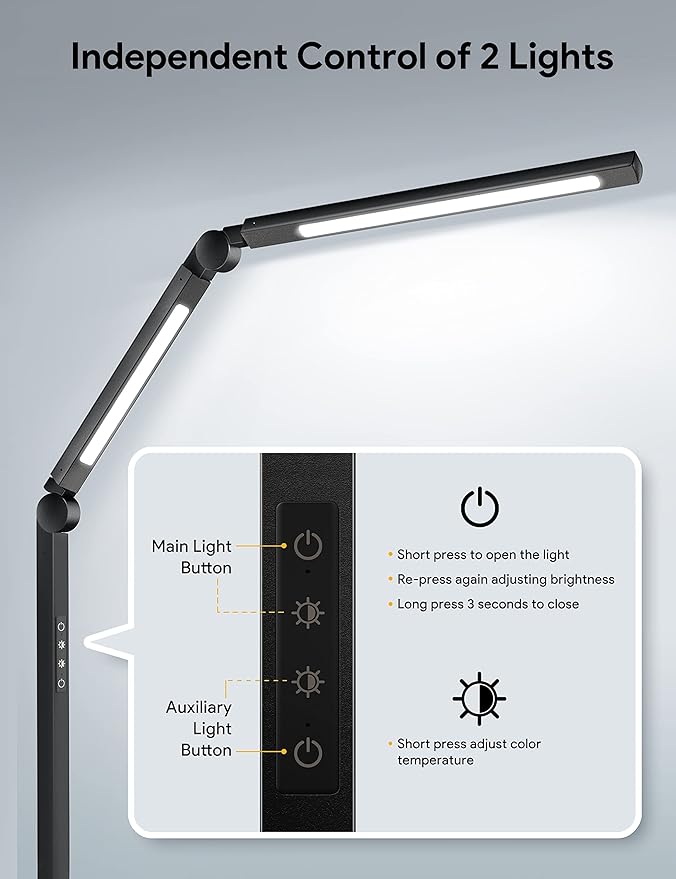 MediAcous LED Desk Lamp with Clamp, Dual Light Desk Lamp with Swing Arm, 4 Color Modes & 4 Brightness Metal Table Lamp, Eye-Caring Clip-on Lamp with Memory Function for Home Office Work Study