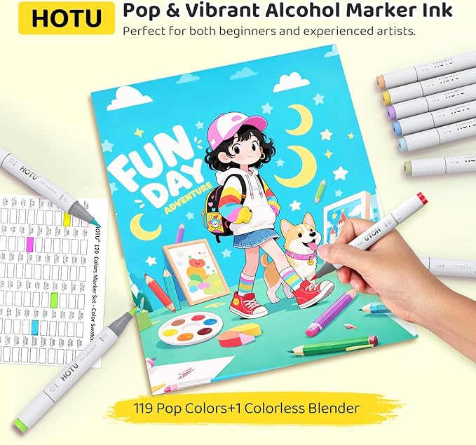 Alcohol Markers Brush Tip-120 Colors Dual Tip Art Markers for Adult Coloring, with Pro Ink, Seamless Blend, Non-Bleeding Pad & Color Card, Pens for Amateurs/Artists (Brush & Chisel Tip)
