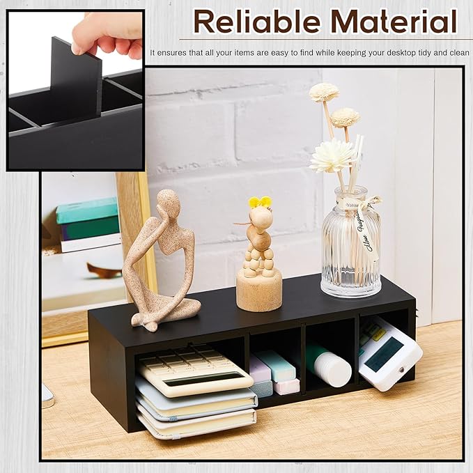 Jetec Wooden Pencil Holder 5 Compartments for Desk Adjustable Pen Holder Wood Office Desk Organizers and Accessories Makeup Brush Organizer for Pen, Home, Office and Art Supplies(Black)