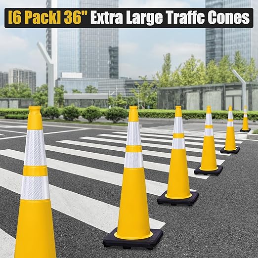 Fluorescent Orange/Green PVC Traffic Cones, Heavy Black Base Parking Lot Cone Structurally Stable Weatherproof Road Construction Safety Cones (4, Yellow, 36" Extra Large)