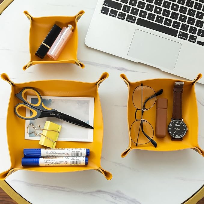 3 packs PU Leather Tray in 3 Sizes Jewelry Tray Glossy Leather Desk Organizer Leather Catchall Tray for Jewelry/Key/Coin/Sun Glasses/Watch/USB Cables etc. (yellow)