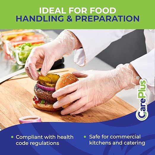 CARE PLUS Vinyl Gloves Clear Large Size 200 Count | Heavy Duty, Non-Sterile, Powder-Free, Latex-Free Rubber | Food Prep, Kitchen & Cleaning Gloves, Ideal for Professional Use