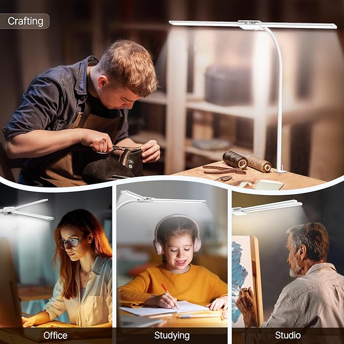 Syrinx LED Desk Lamp, Double Head Gooseneck Desk Lamps for Home Office with Gesture Switch & Wired Control, 12W Bright Modern Desk Light Eye-Caring Office Desk Lamp with Clamp for Crafting Reading