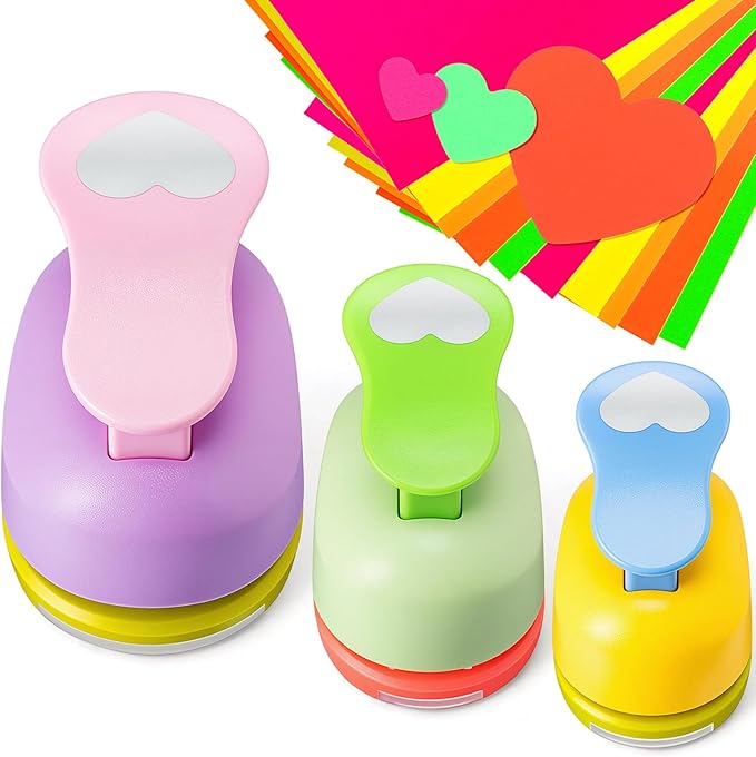 Chengu 3 Pack Craft Hole Punch 2,1 and 5/8 Inch Punch Paper Punchers with 10 Pcs Sticker, Cutter for Card Making Scrapbook DIY Albums Photos Office Supplies(Heart)