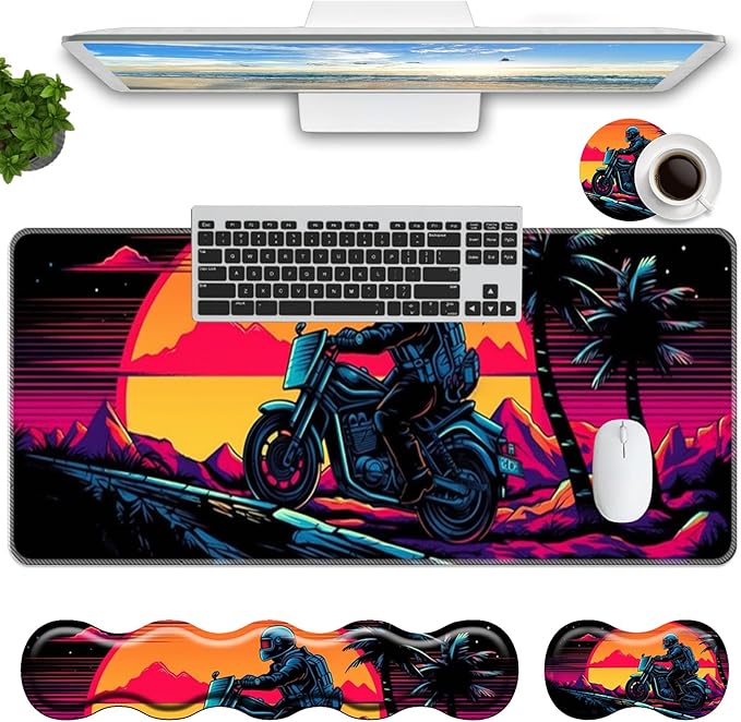 Keyboard Mouse Pad Set,Large Mouse Pad+Keyboard Wrist Rest+Wrist Support+Coaster,31.5x11.8in Extended Desk Mat for Computer Laptop Office Home-Vintage Motorcycle Boy