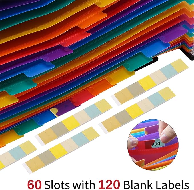 AFMAT AF01 Accordian File Organizer, 60 Pockets Large Expanding File Folder Organizer with Blank Labels, Letter/A4 Size Accordion Files Organizers Expandable for Receipt, Bill, Tax, Legal