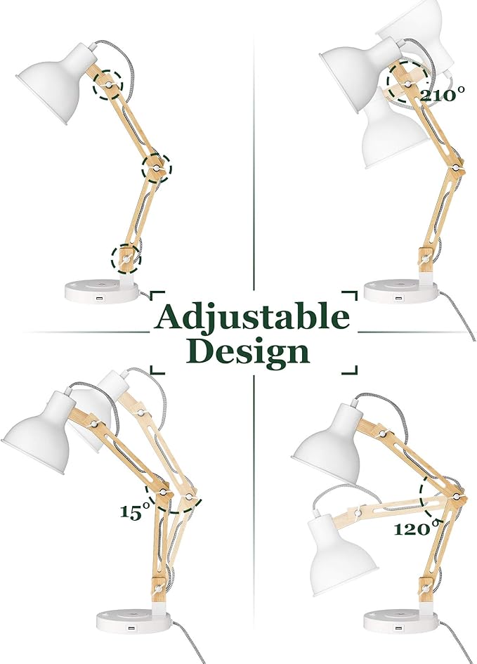 ELYONA White Desk Lamp with Wireless Charger, Solid Wood Table Lamp with USB C Charging Port, Swing Arm Reading Task Light with 5W LED Bulb for College Dorm, Office, Living Room, Bedroom, Farmhouse